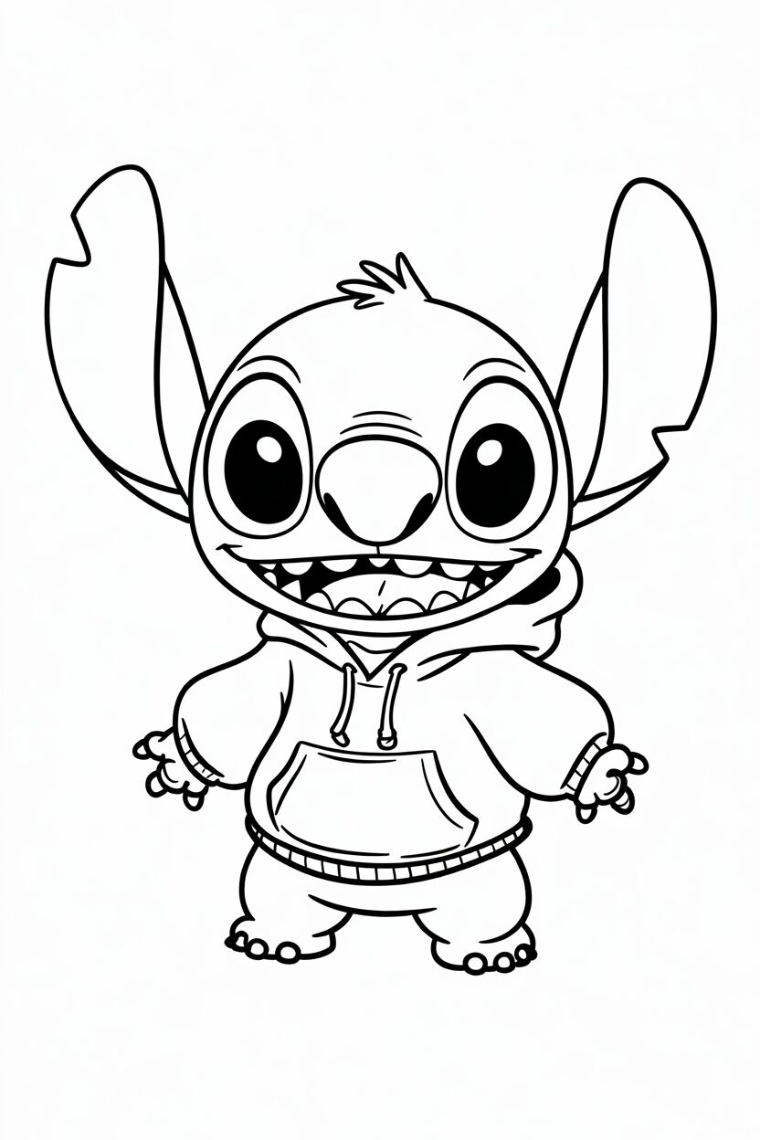 Stitch con una felpa e sorriso felice da colorare
