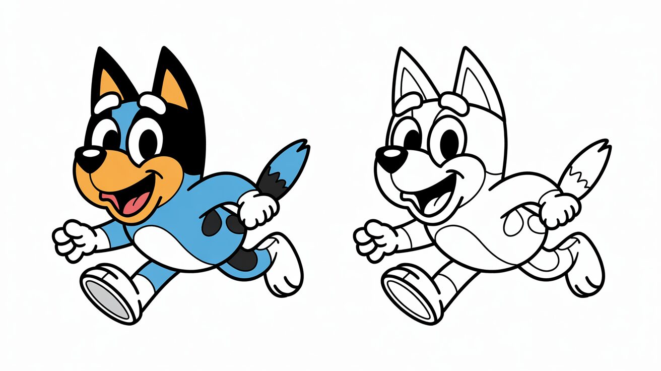 Bluey che corre felice – immagine colorata e modello da colorare per bambini