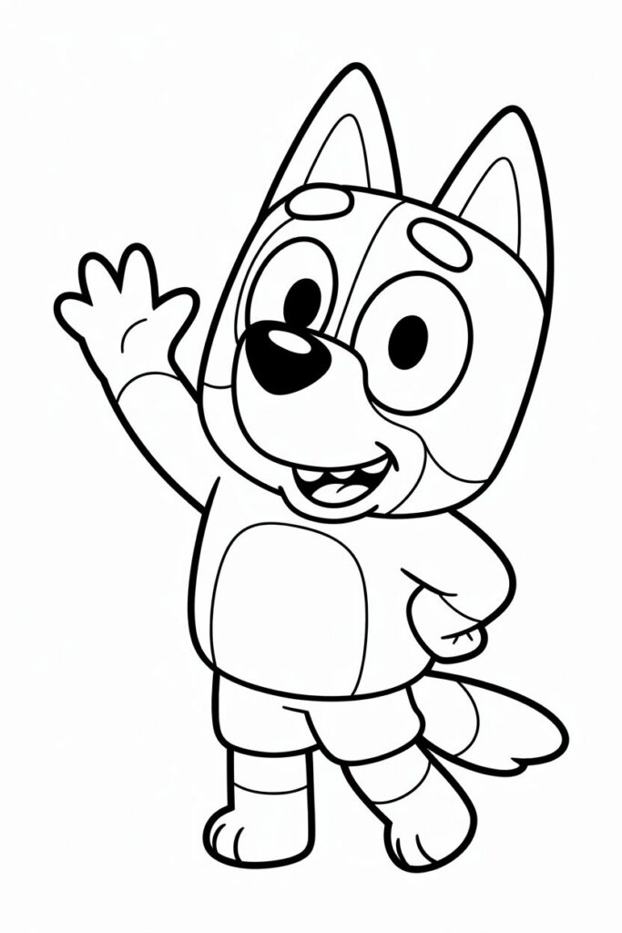 Bluey che saluta con la mano in modo gioioso – disegno da colorare di Bluey per i più piccoli
