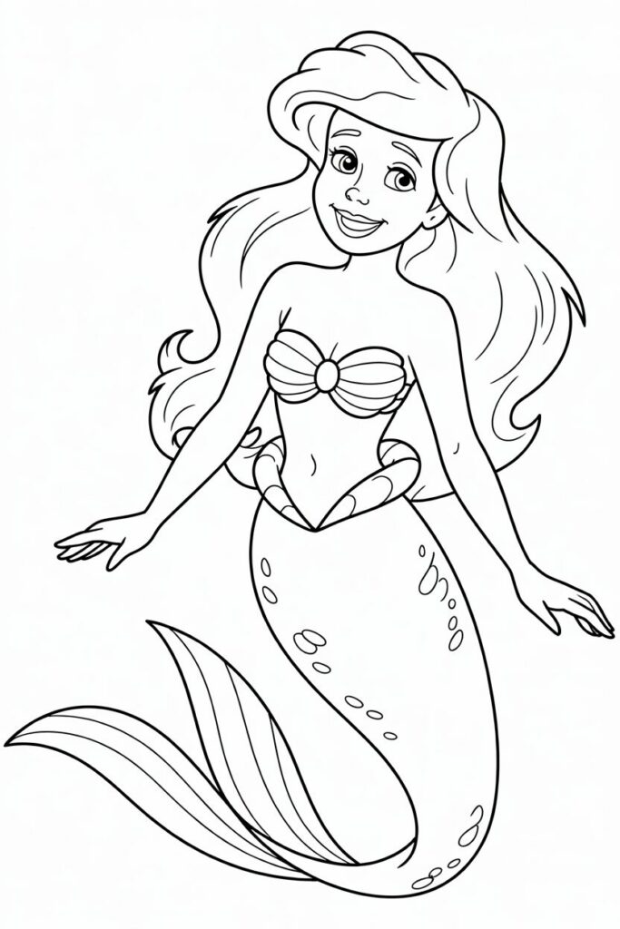 Disegno da colorare di Ariel la Sirenetta con coda lunga e capelli svolazzanti