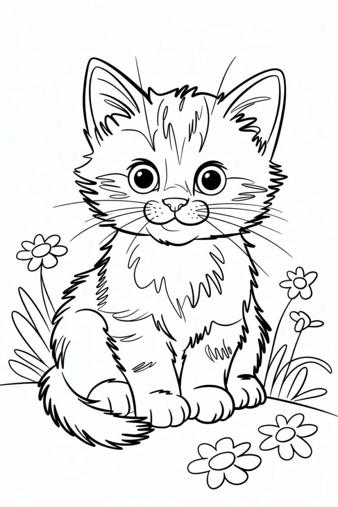 Disegno di un gattino carino da colorare seduto tra i fiori