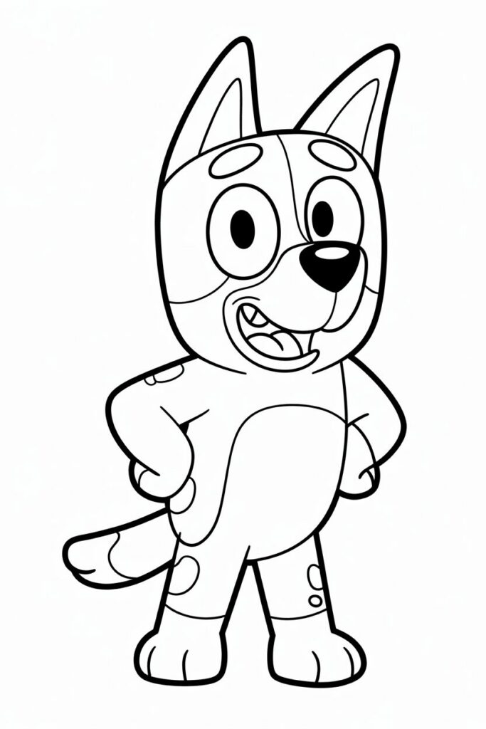 Bluey in piedi con le mani sui fianchi – pagina da colorare di Bluey per bambini