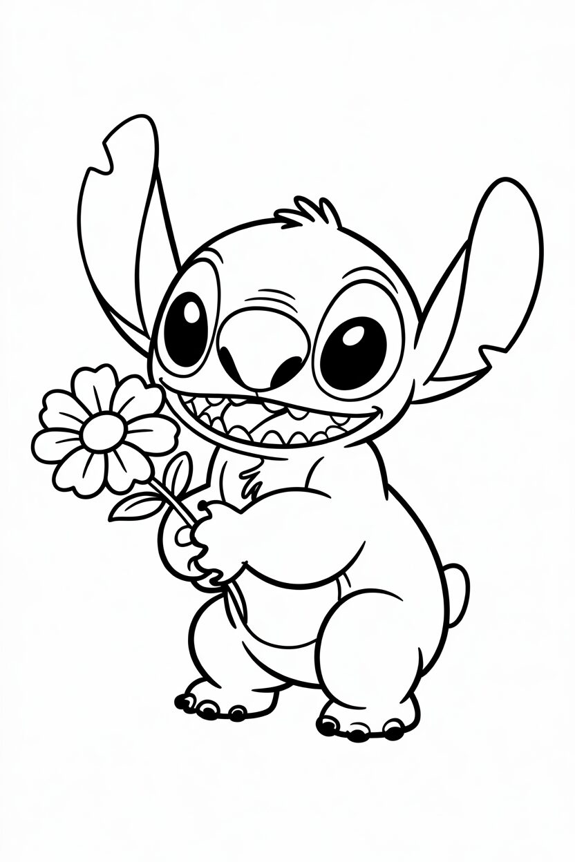 Stitch con un fiore in mano da colorare
