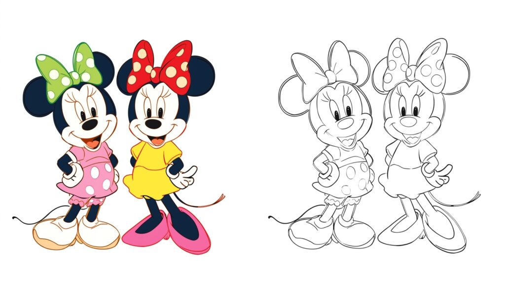 Minnie Mouse doppia immagine – una colorata e una da colorare per bambini