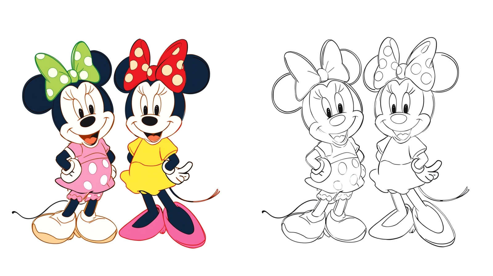 Minnie Mouse doppia immagine – una colorata e una da colorare per bambini