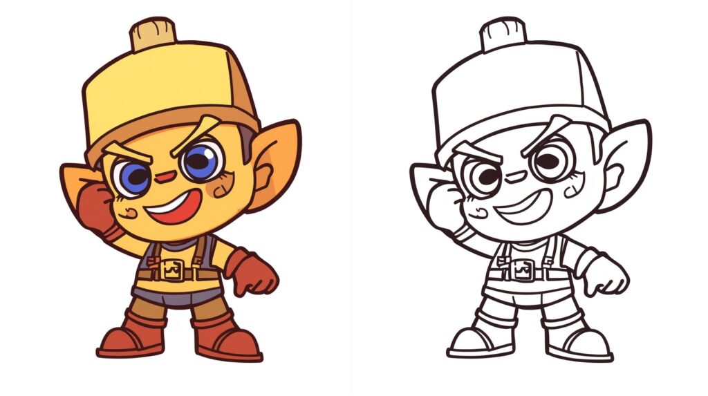 Illustrazione Brawl Stars da colorare del brawler con cappello giallo e guanti rossi, versione colore e versione lineart