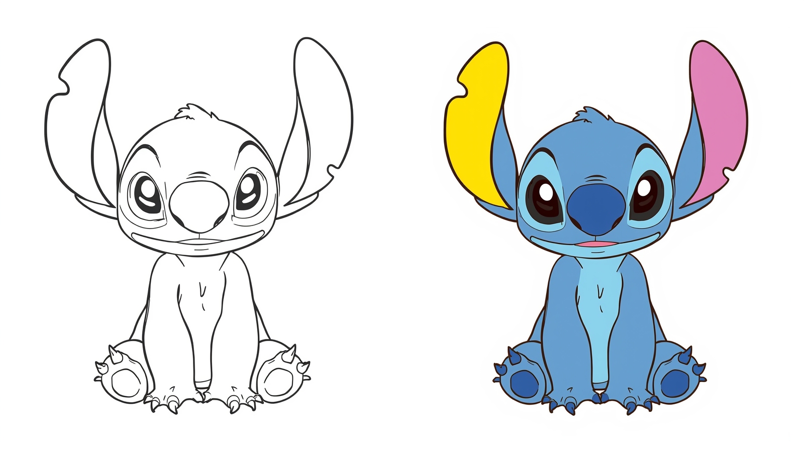 Pagina da colorare di Stitch con immagine a colori a destra e disegno da colorare a sinistra.
