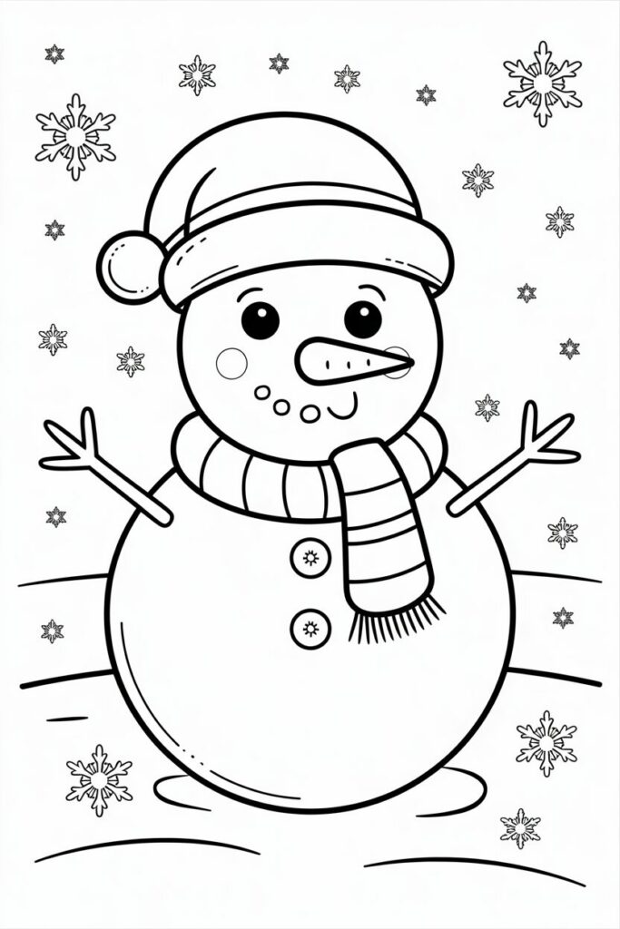 Disegno di un pupazzo di neve con cappello, sciarpa e fiocchi di neve da colorare e stampare.