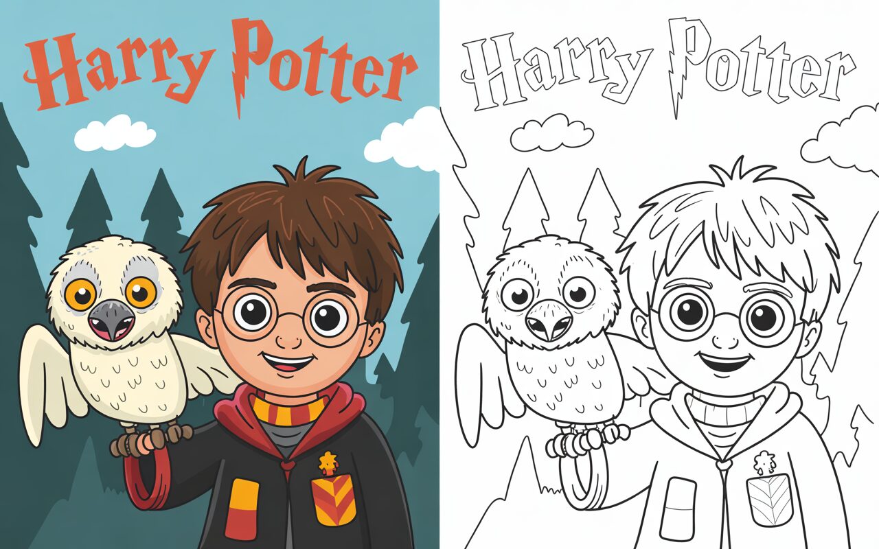 Illustrazione di Harry Potter con Hedwig in un bosco, immagine colorata e da colorare