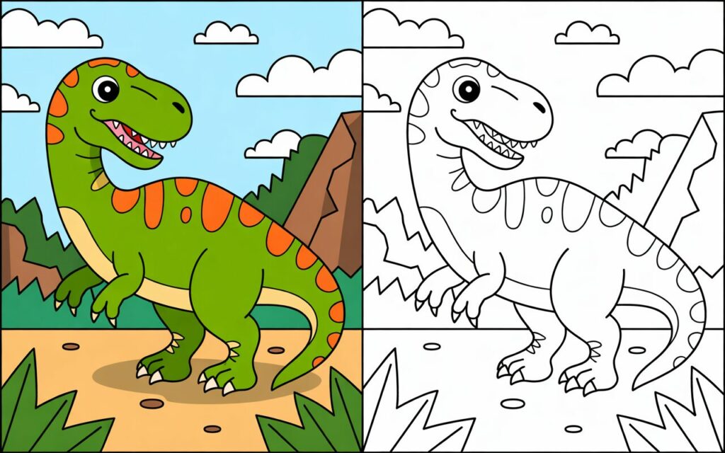 Dinosauro verde con sfondo naturale, versione colorata affiancata alla versione da colorare