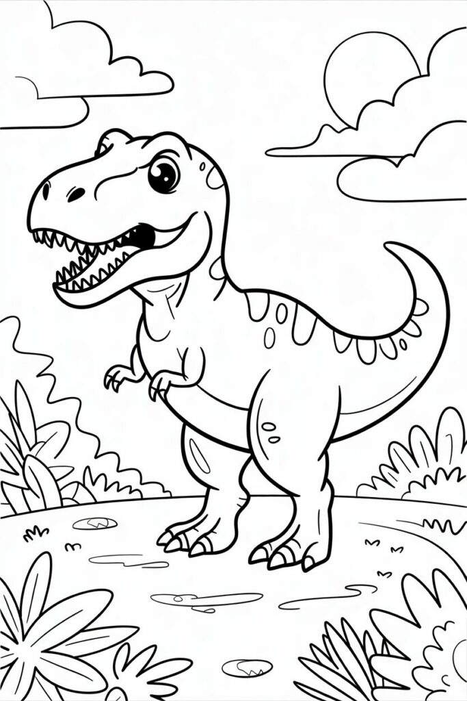 Disegno di un T-Rex nel paesaggio naturale, circondato da piante e nuvole, da colorare.