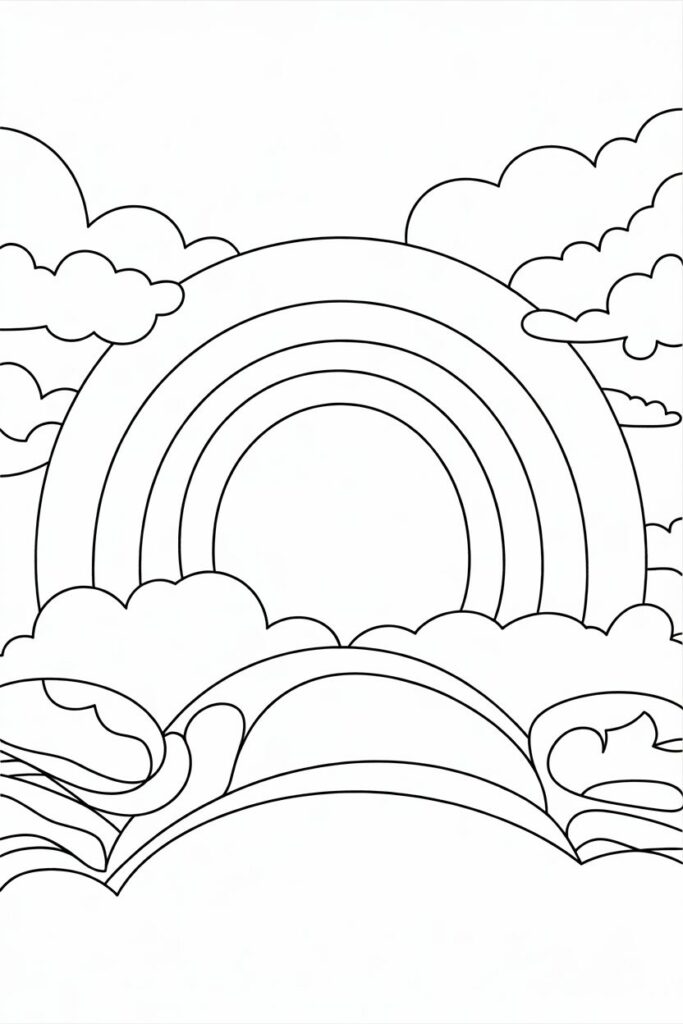 Grande arcobaleno tra le nuvole da stampare e colorare