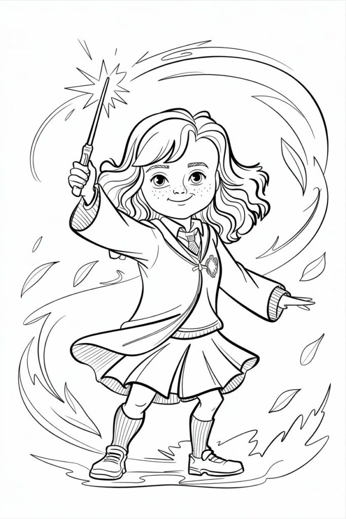 Disegno da colorare di Hermione Granger bambina mentre usa la bacchetta magica