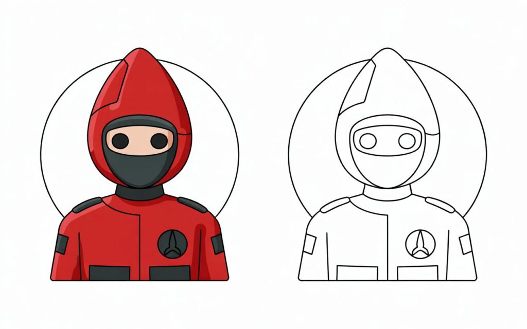 Ritratto di una guardia Squid Game in tuta rossa, versione colorata accanto alla versione da colorare