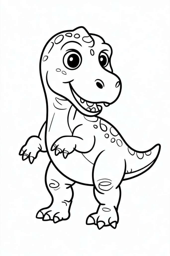 Illustrazione di un dinosauro baby sorridente, semplice e adatta ai bambini, da colorare e stampare.