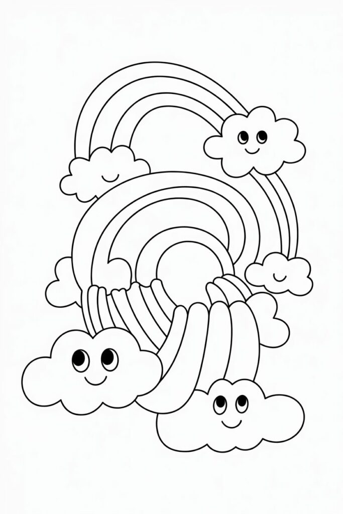 Arcobaleno con nuvole sorridenti da colorare per bambini