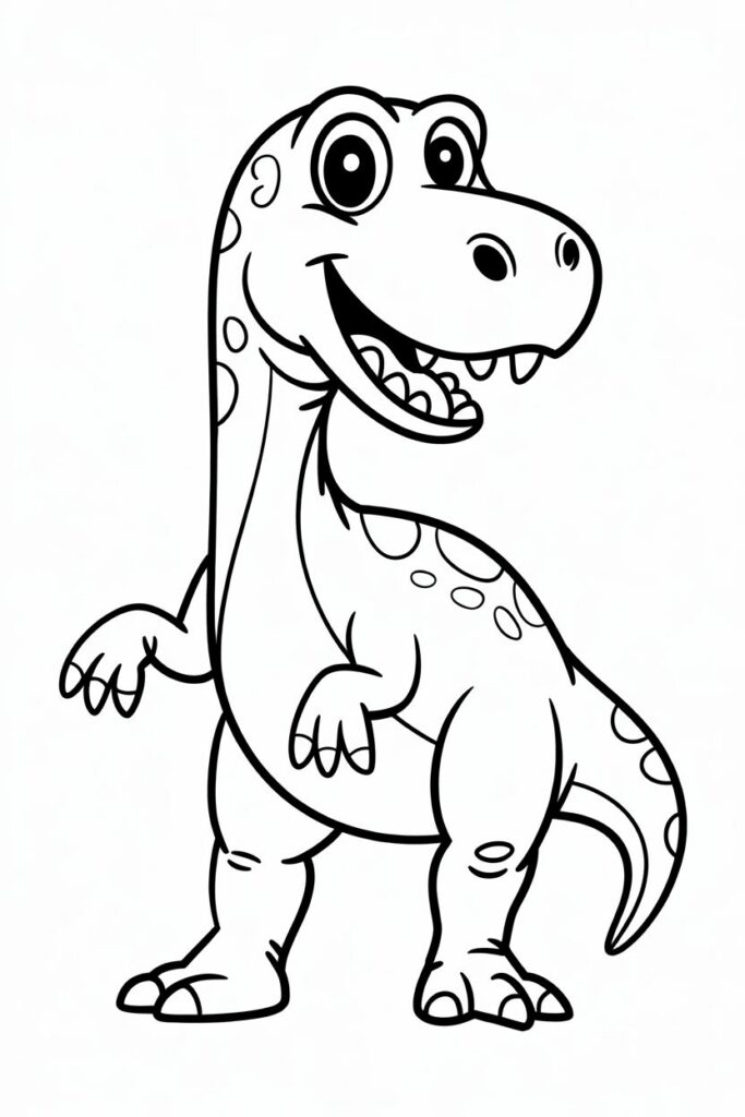 Disegno di un T-Rex carino in stile cartone animato per bambini, da colorare.