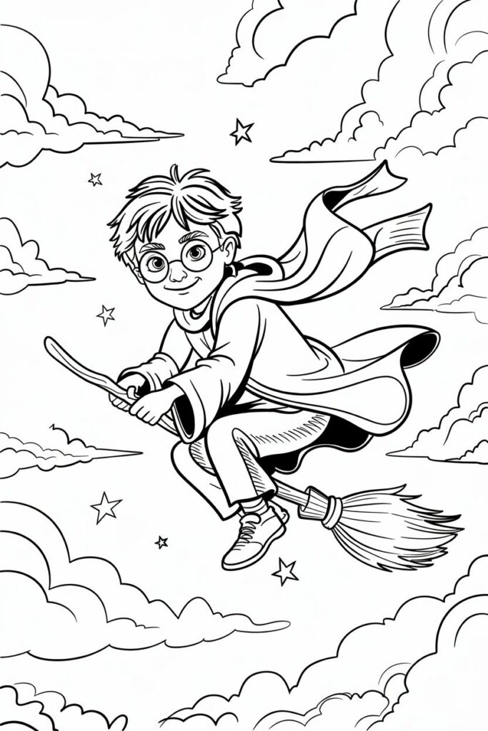 Disegno da colorare di Harry Potter che vola sulla scopa tra le nuvole e le stelle