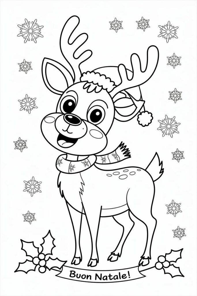 Disegno di una renna di Natale carina con sciarpa, fiocchi di neve e scritta “Buon Natale” da colorare per bambini.