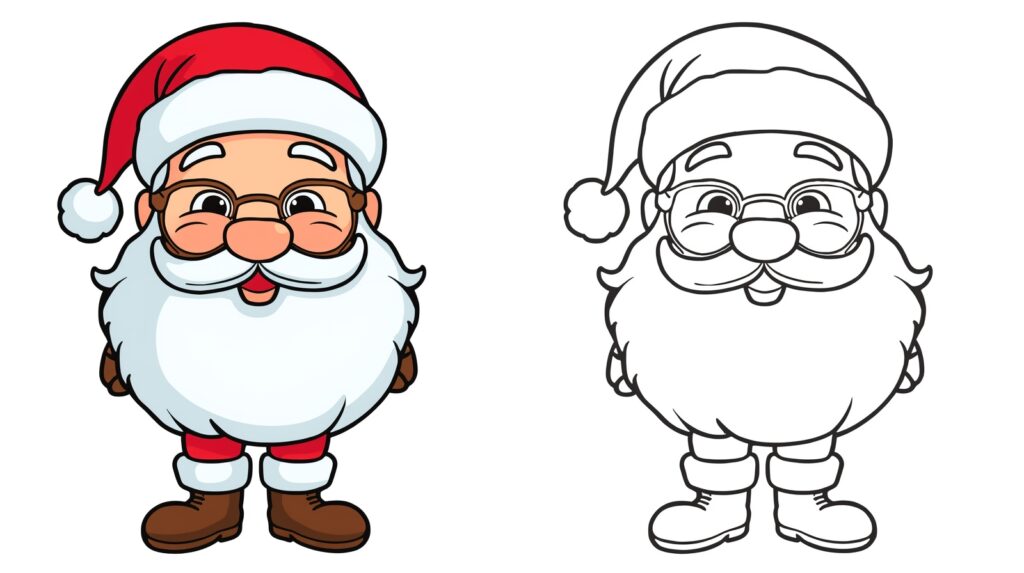 Illustrazione di Babbo Natale in abito rosso, con versione colorata a sinistra e versione da colorare a destra.